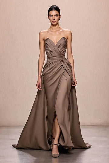 Coffee Satin A-Line Ruched Strapless Long Evening Dress